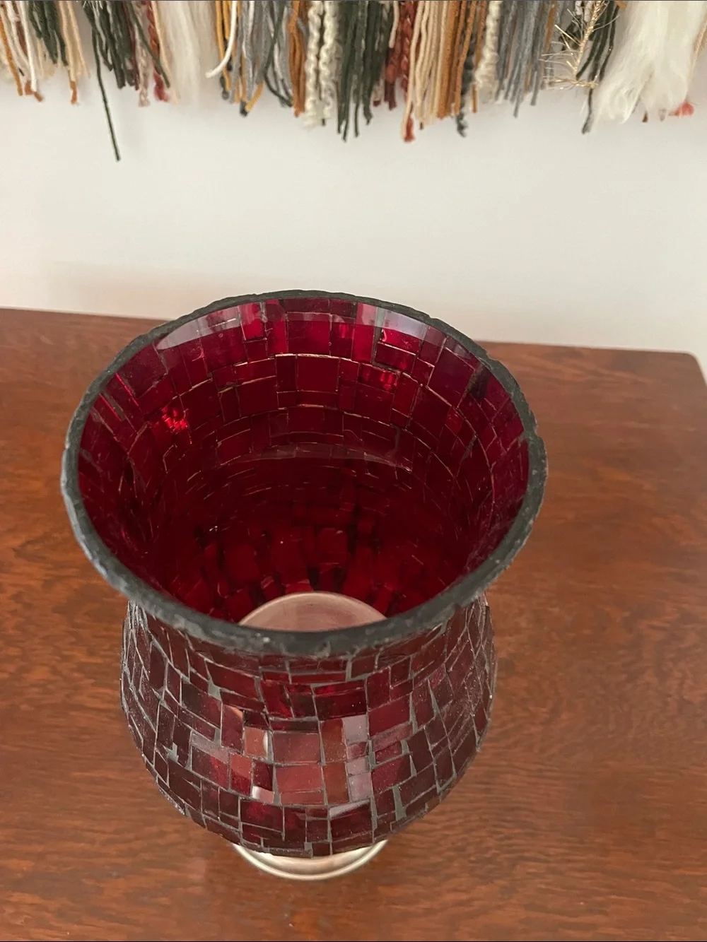 Red Mosaic Glass Hurricane Candle Holder -